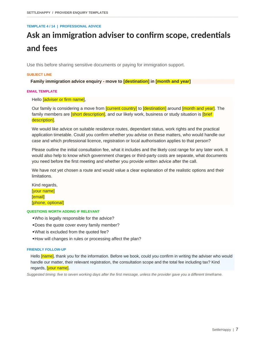 Editable immigration adviser enquiry template with highlighted personalisation fields